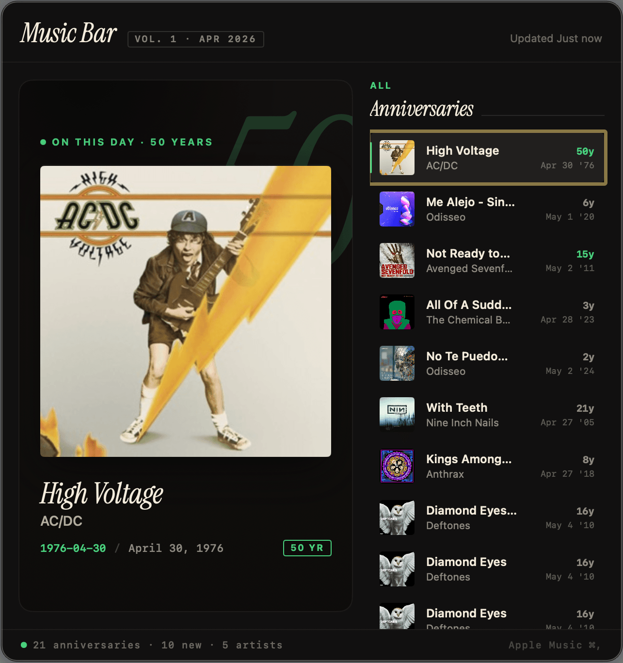 Music Bar popover showing AC/DC's High Voltage as today's 50-year album anniversary, with a list of other anniversaries from the user's library